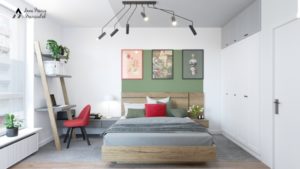 sypialnia z lewitujacym lozkiem i zielona sciana nad lozkiem