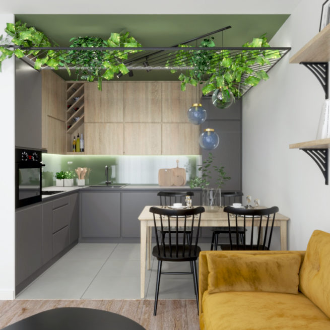 szaro zielono kuchnia z drewnem